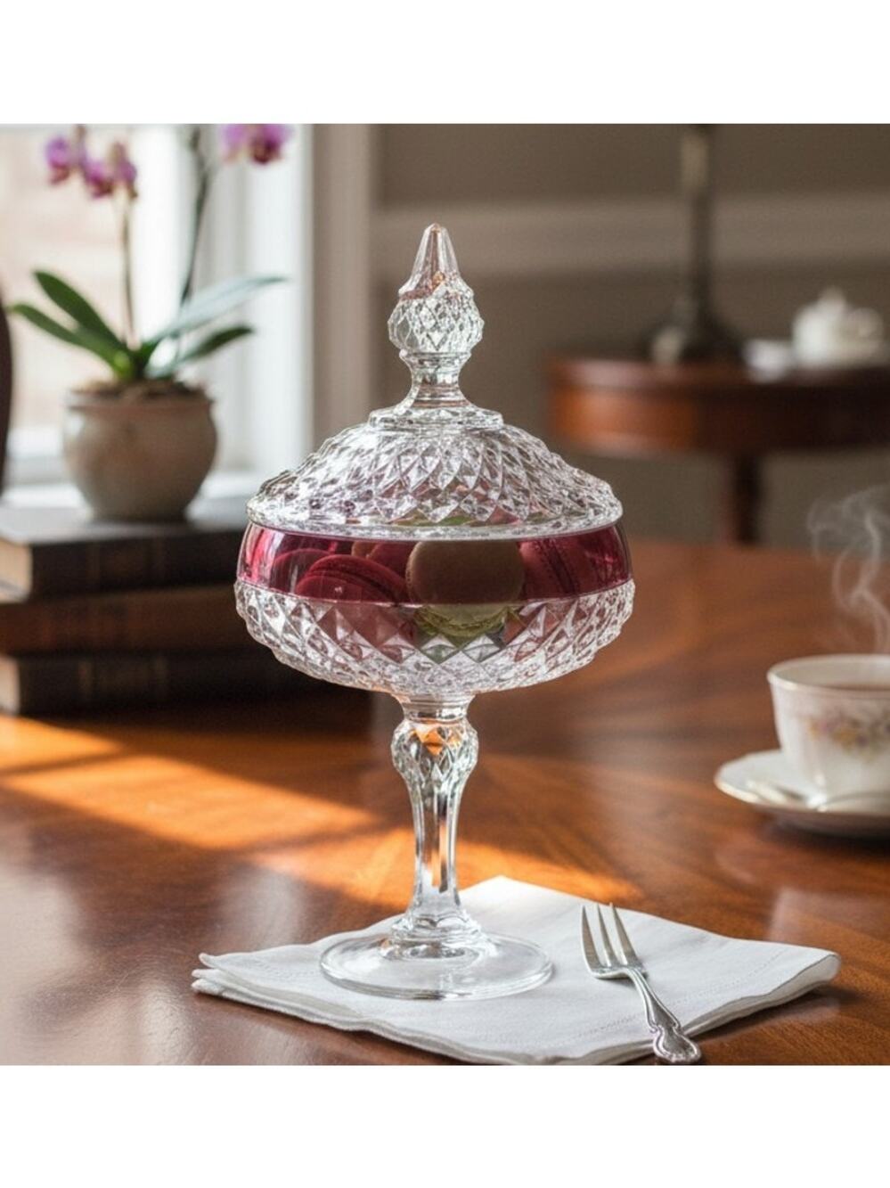 Vintage Indiana Glass Diamond Point Covered Candy Dish Clear w/Red Trim 12"